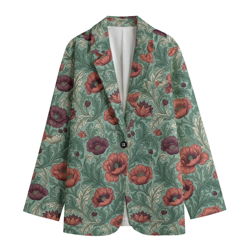 poppy floral blazer, sage green jacket, 100% cotton blazer, botanical print coat, flower garden style, cottagecore clothing, natural fiber jacket, coral poppy gift, artistic blazer her, vintage floral top, breathable outerwear, floral workwear, botanical art coat