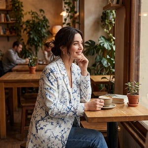 May include: A white blazer featuring a blue botanical print with branches and birds, worn over a white top and blue denim jeans. The blazer has a notched lapel, long sleeves, and a structured fit, showcasing a classic tailored silhouette.