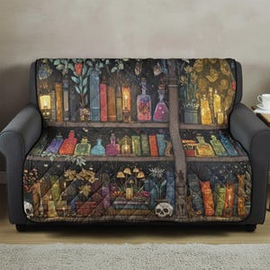 May include: A sofa cover with a fantasy bookshelf design, showcasing colourful books, potion bottles, candles, and skulls. The cover has a dark, magical theme and a quilted texture. It's designed to add a unique touch to any living room, with a whimsical aesthetic.