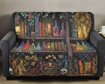 Witchy Library Quilt Blanket – Apothecary Books Potion Shelf Throw