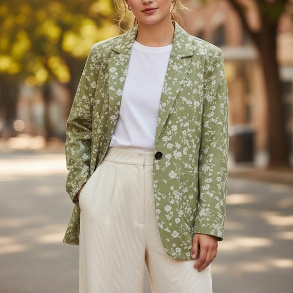 Botanical Cotton Blazer, Floral Green Jacket, Relaxed Fit