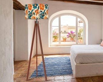 Bold Floral Tripod Floor Lamp | Teal Orange Coral Linen Shade, Wood Legs