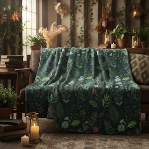 Manta floral botánica oscura / Estampado de hojas verdes, helechos y flores silvestres