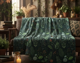 Manta floral botánica oscura / Estampado de hojas verdes, helechos y flores silvestres