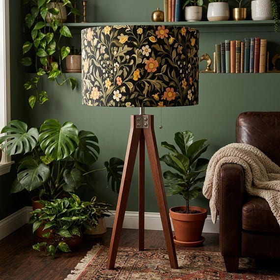 Vintage Floral Tripod Floor Lamp | William Morris Style Dark Botanical Linen Shade