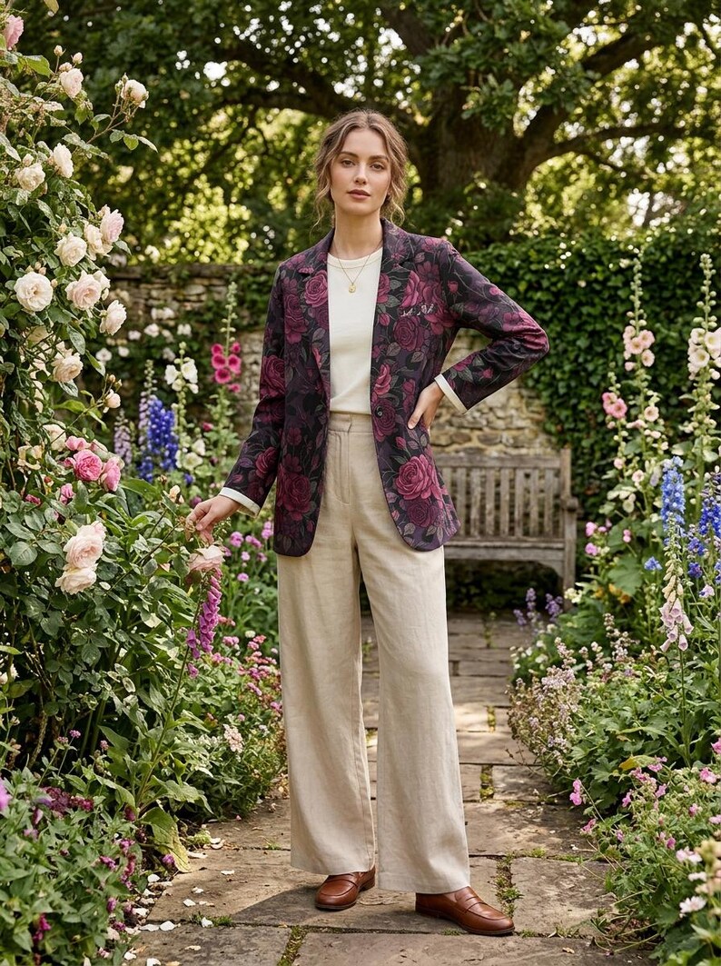 May include: A floral print blazer with a dark background and burgundy roses, paired with beige wide-leg pants and a white top. The outfit is completed with brown leather shoes. The setting is a garden with flowers and a stone path.