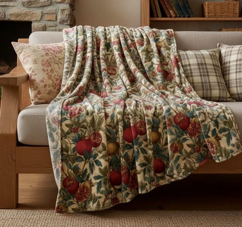 Pomegranate Botanical Blanket Plush Throw | Cottagecore Vintage Fruit Sofa Accent image 1