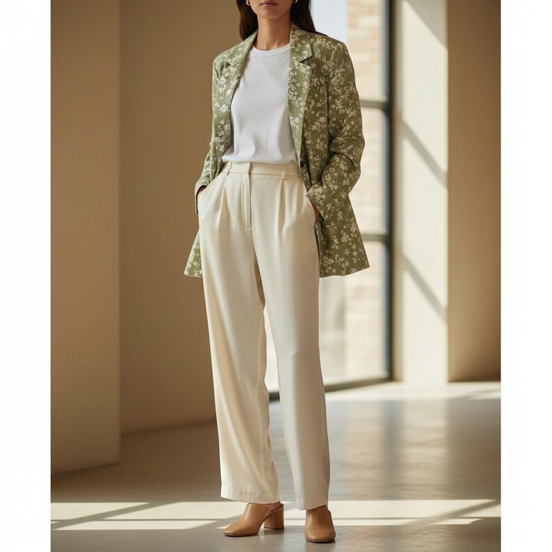 May include: A woman's outfit featuring a white t-shirt, cream-colored trousers, and a green floral blazer. The blazer has a white floral pattern. The trousers are high-waisted with a straight leg. The outfit is completed with brown heeled shoes.