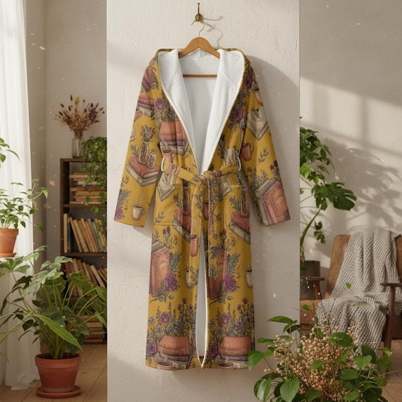 ladies flannel dressing gown Women's Fleece Robe, Book Lover Cottagecore Print Trend Befor Aug Sale