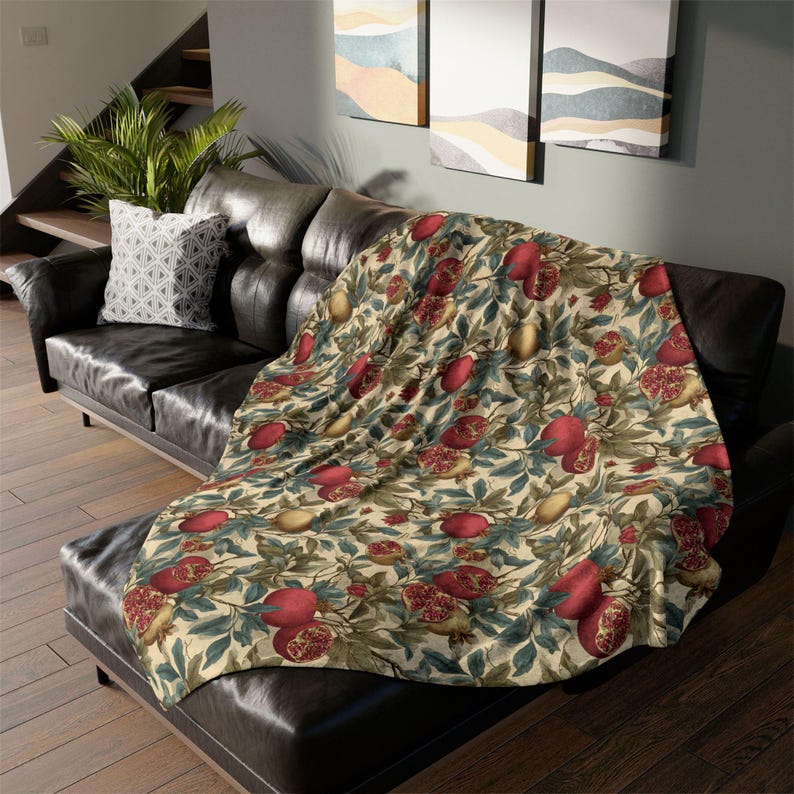 Pomegranate Botanical Blanket Plush Throw | Cottagecore Vintage Fruit Sofa Accent image 14