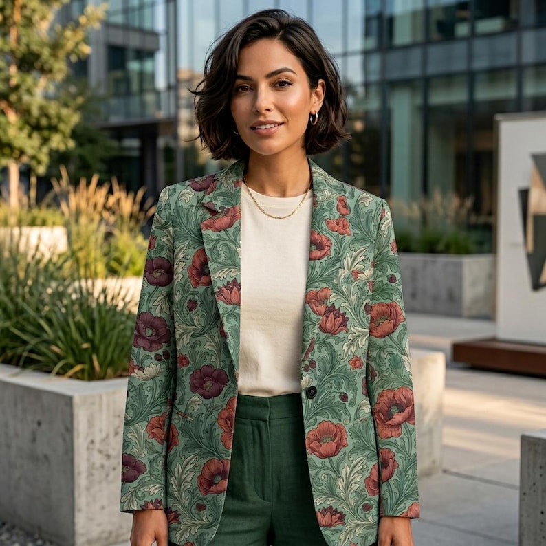 Poppy Floral Cotton Blazer, Sage Green Botanical Jacket, Cottagecore Style Coat image 2