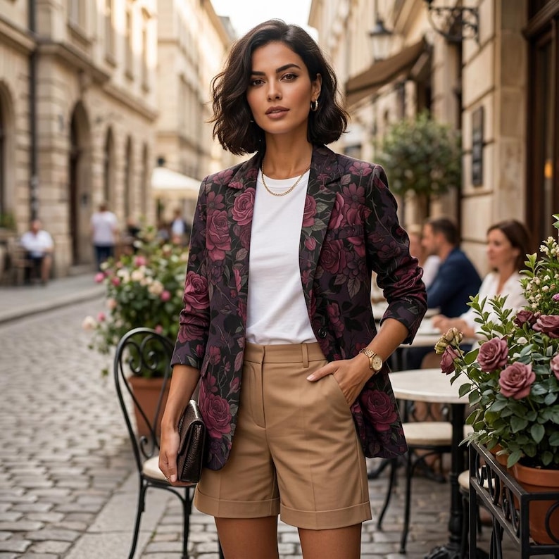 May include: A woman wearing a floral blazer with a white t-shirt and tan shorts. The blazer is dark with burgundy rose patterns. She is holding a dark brown clutch and wearing a gold watch and necklace. The background is a European street scene.