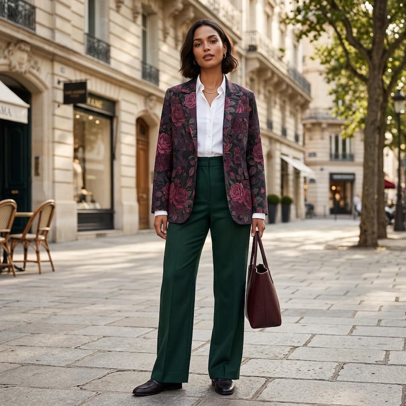 May include: A woman wearing a floral blazer with a white shirt and dark green pants. She is holding a burgundy tote bag and standing on a cobblestone street in front of a building.