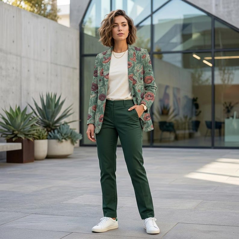 Poppy Floral Cotton Blazer, Sage Green Botanical Jacket, Cottagecore Style Coat image 8