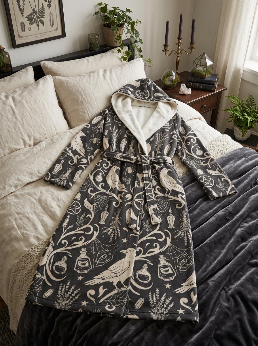Mystical Raven Flannel Robe, Crow Lavender Hooded Bathrobe, Witchy ...