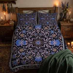 Boho Blumen Mandala Bettbezug-Set, Navy Mauve Whimsigoth Bettwäsche, Dark Academia Decor