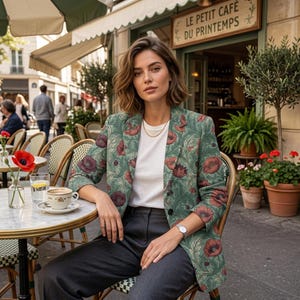 Poppy Floral Cotton Blazer, Sage Green Botanical Jacket, Cottagecore Style Coat