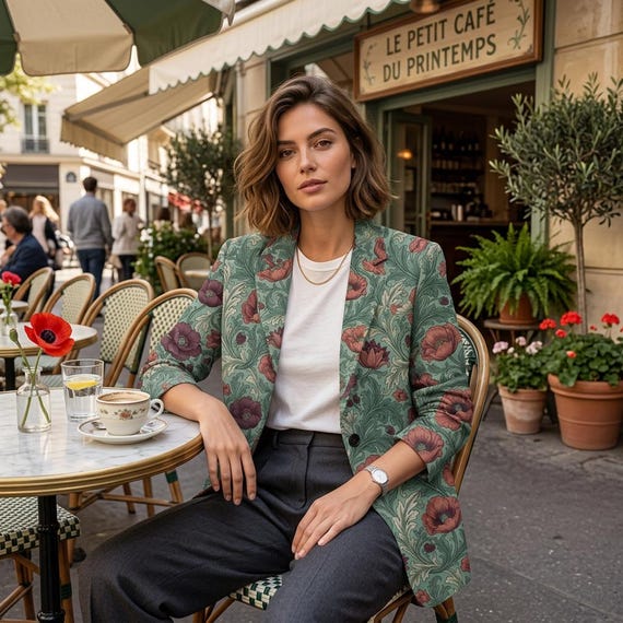Poppy Floral Cotton Blazer, Sage Green Botanical Jacket, Cottagecore Style Coat
