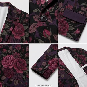 May include: A black blazer with a floral pattern featuring burgundy roses and green leaves. The blazer has a notched lapel, a two-button closure, and a purple pocket square. The sleeves have three buttons. The lining is white.