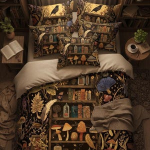May include: A bed set featuring a dark, detailed design with a bookshelf motif, including books, mushrooms, and a crow. The set includes a comforter, pillows, and a neutral-colored sheet. The overall color scheme is dark with gold and brown accents.