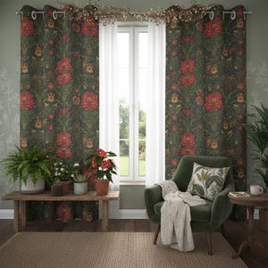 Cortinas florales vintage, cortinas de damasco verde oscuro y rojo, decoración botánica victoriana, cortinas de William Morris