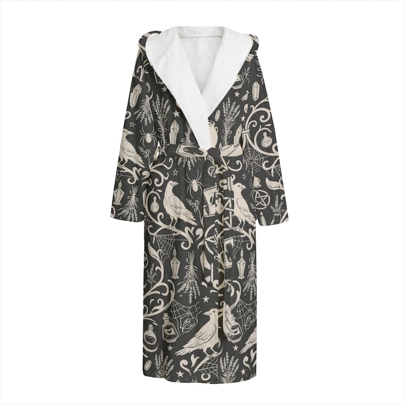 Mystical Raven Flannel Robe, Crow Lavender Hooded Bathrobe, Witchy ...
