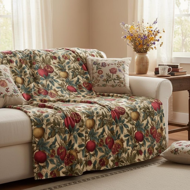 Pomegranate Botanical Blanket Plush Throw | Cottagecore Vintage Fruit Sofa Accent image 3