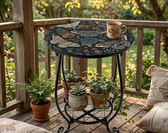 Vintage Luna Moth Side Table, Dark Botanical Garden Decor, Metal Balcony Furniture