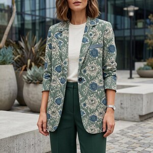 Slate Blue Floral Cotton Blazer | William Morris Style Botanical Jacket