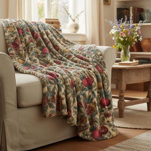 Pomegranate Botanical Blanket Plush Throw | Cottagecore Vintage Fruit Sofa Accent image 2