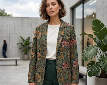 William Morris Style Floral Blazer, Arts and Crafts Botanical Jacket, Dark Academia Cotton Outerwear