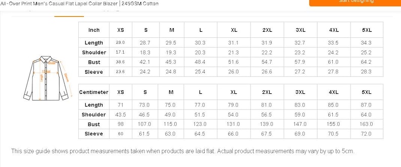 May include: A white blazer with a flat lapel collar, featuring a size chart with measurements in inches and centimeters. The chart details length, shoulder, bust, and sleeve sizes from XS to 5XL. The text states measurements may vary by up to 5cm.