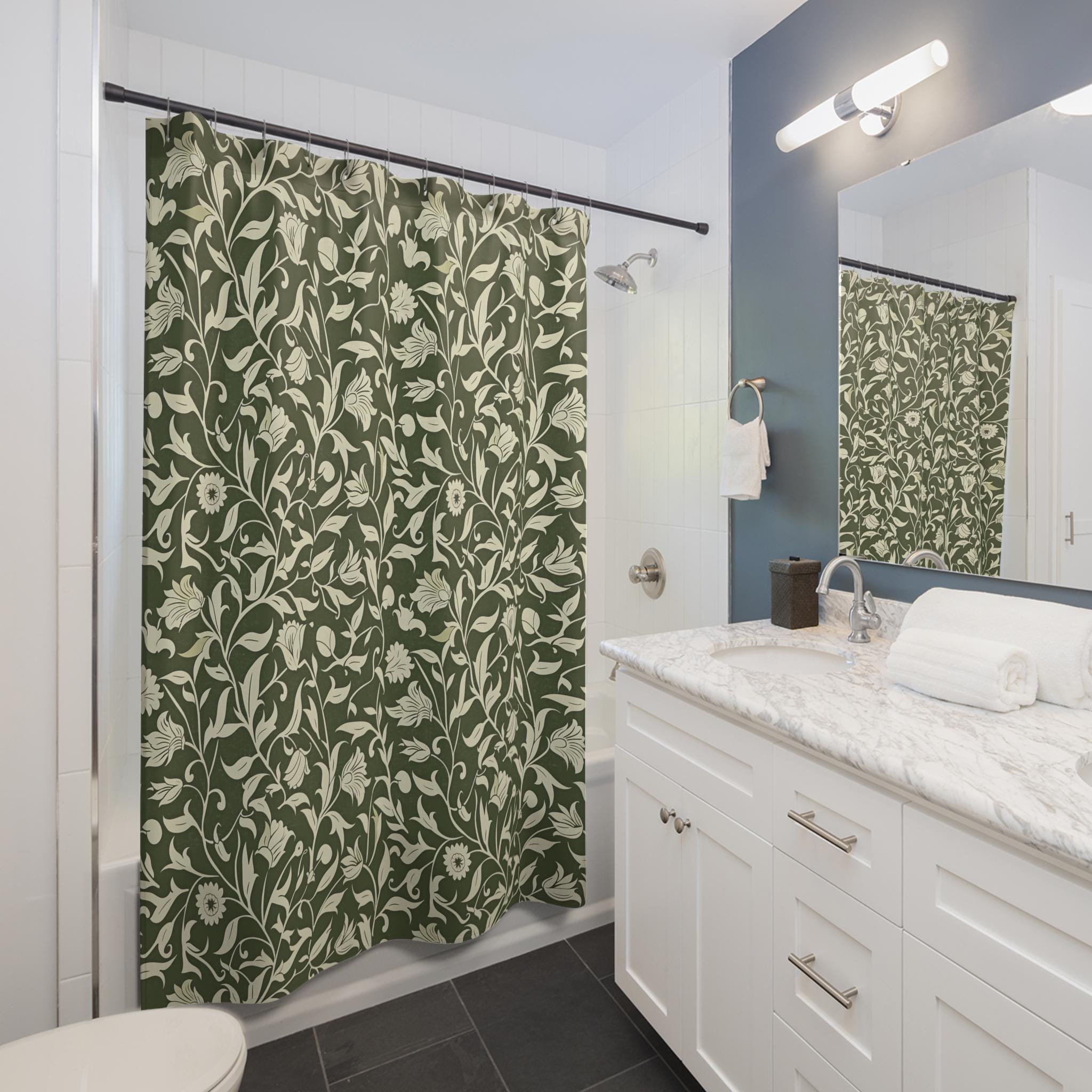William Morris Style Shower Curtain, Green Botanical Floral Vine ...