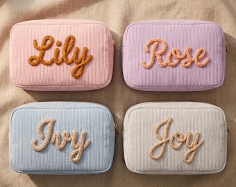 Neceser de maquillaje de pana bordado a medida / Estuche de cosméticos con nombre personalizado