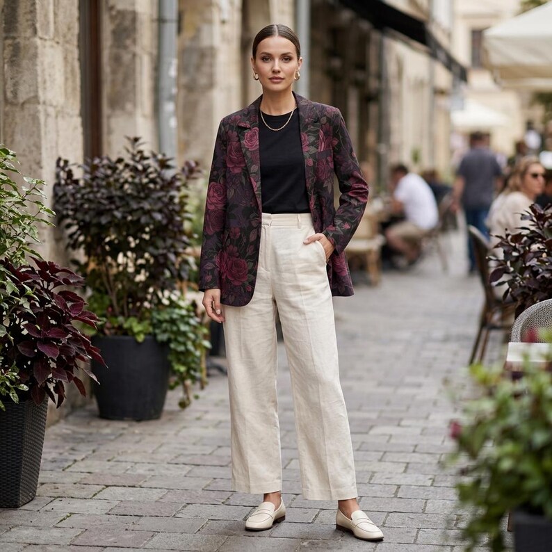 May include: A woman wearing a burgundy blazer with a floral pattern, a black top, and cream-colored wide-leg pants. She is also wearing cream-colored loafers and gold jewelry. The background is a cobblestone street with potted plants.