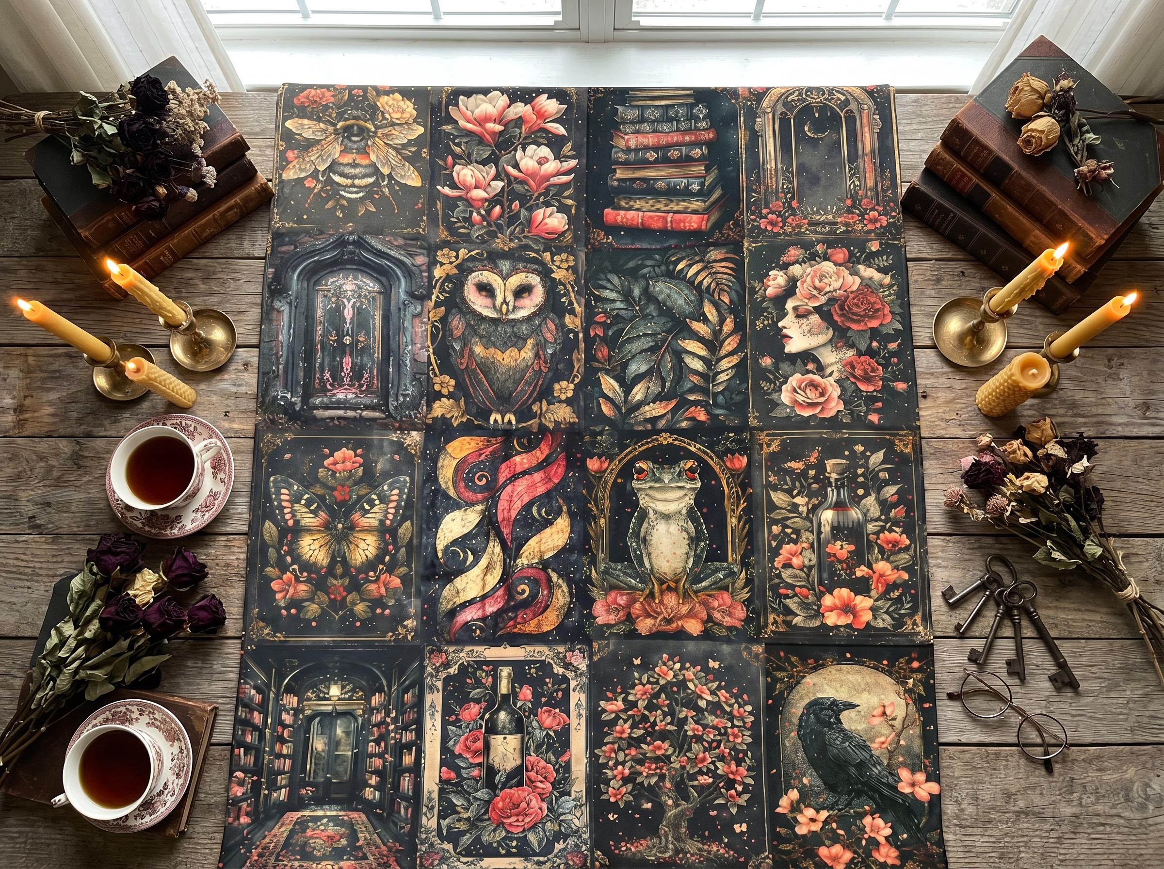 Gothic Velveteen Blanket, Dark Academia Witchy Throw, Owl Frog Raven Fleece, Queen King Size