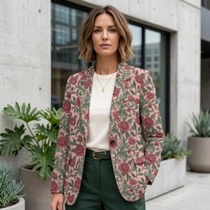 Romantic Rose Cotton Blazer, Pink Floral Women's Botanical Jacket, Vintage Style Spring Fashion