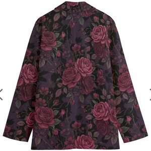 burgundy rose blazer, dark floral jacket, gothic women suit, victorian aesthetic, cotton floral coat, botanical outerwear, romantic goth style, breathable cotton, floral blazer women, moody floral print, vintage rose jacket, structured blazer, unique gift for her