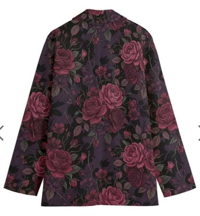 burgundy rose blazer, dark floral jacket, gothic women suit, victorian aesthetic, cotton floral coat, botanical outerwear, romantic goth style, breathable cotton, floral blazer women, moody floral print, vintage rose jacket, structured blazer, unique gift for her