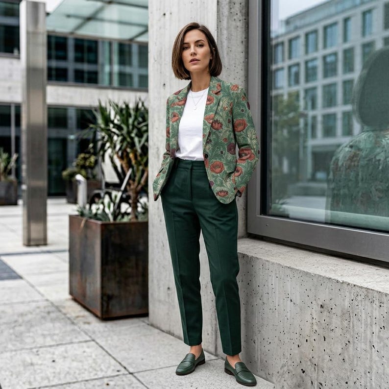 Poppy Floral Cotton Blazer, Sage Green Botanical Jacket, Cottagecore Style Coat image 9