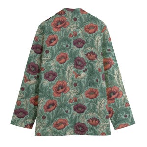 poppy floral blazer, sage green jacket, 100% cotton blazer, botanical print coat, flower garden style, cottagecore clothing, natural fiber jacket, coral poppy gift, artistic blazer her, vintage floral top, breathable outerwear, floral workwear, botanical art coat