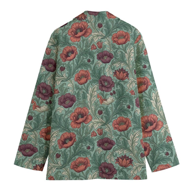 poppy floral blazer, sage green jacket, 100% cotton blazer, botanical print coat, flower garden style, cottagecore clothing, natural fiber jacket, coral poppy gift, artistic blazer her, vintage floral top, breathable outerwear, floral workwear, botanical art coat