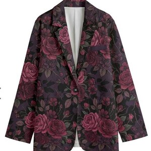 burgundy rose blazer, dark floral jacket, gothic women suit, victorian aesthetic, cotton floral coat, botanical outerwear, romantic goth style, breathable cotton, floral blazer women, moody floral print, vintage rose jacket, structured blazer, unique gift for her