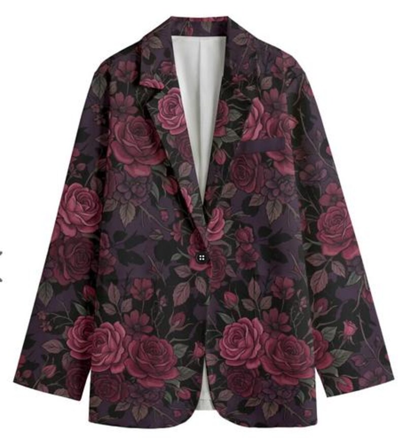 burgundy rose blazer, dark floral jacket, gothic women suit, victorian aesthetic, cotton floral coat, botanical outerwear, romantic goth style, breathable cotton, floral blazer women, moody floral print, vintage rose jacket, structured blazer, unique gift for her