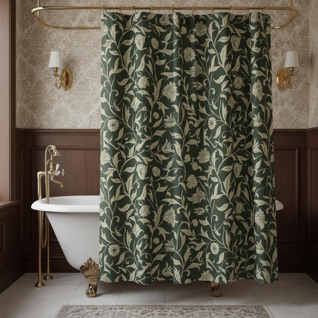 William Morris Style Shower Curtain, Green Botanical Floral Vine ...
