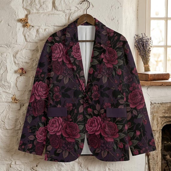 Gothic Burgundy Rose Cotton Blazer | Dark Floral Botanical Suit Jacket