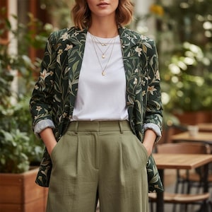 Botanical Cotton Blazer, Floral Print Jacket, Relaxed Fit