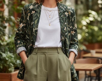 Botanical Cotton Blazer, Floral Print Jacket, Relaxed Fit