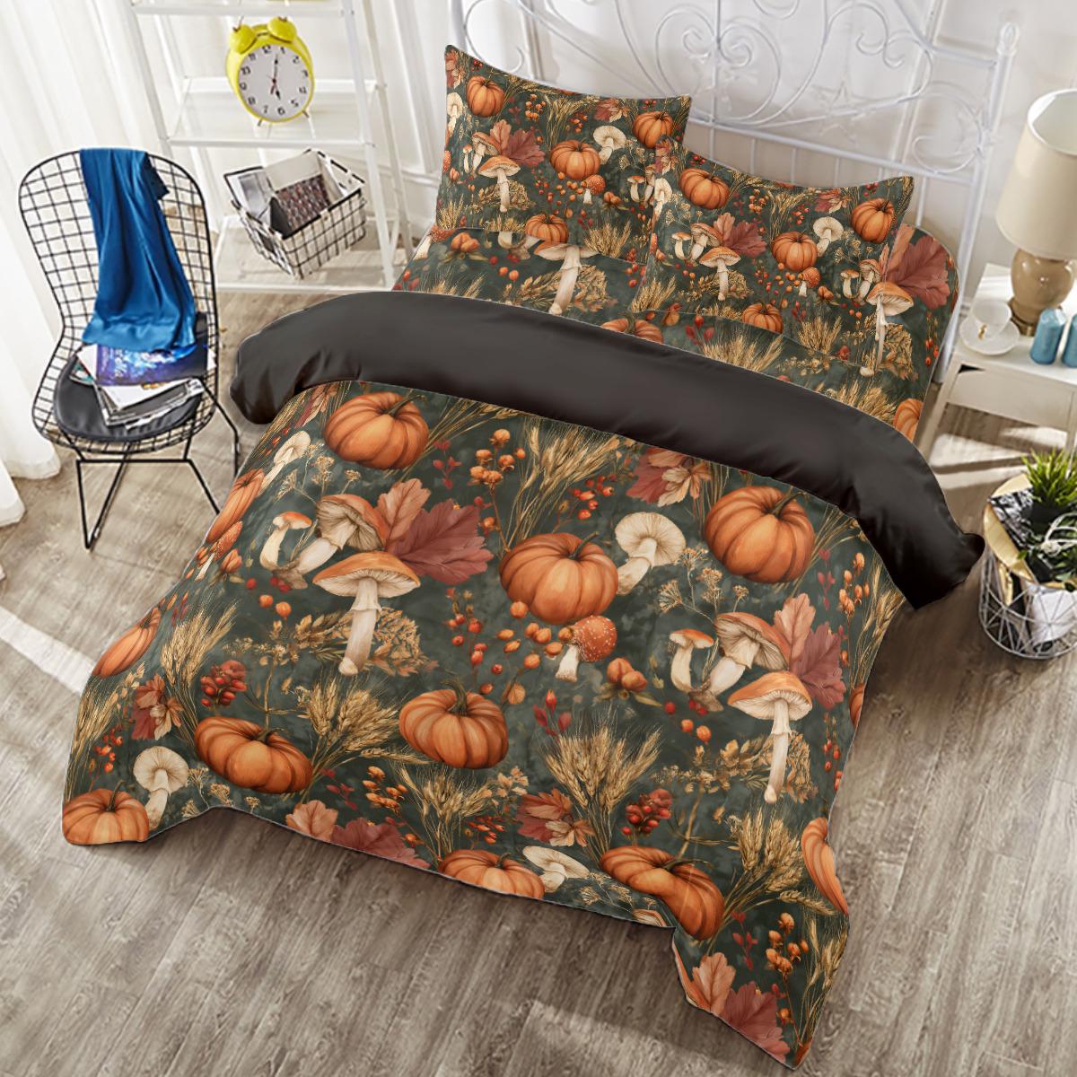 Woodland Owl Autumn Duvet Cover Set – Forest Mushrooms, Pumpkins, Leaves (4-Piece Bedding)