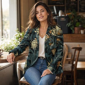 May include: A dark green blazer featuring a detailed botanical print of yellow and cream-coloured artichoke-like flowers and foliage, worn over a simple white V-neck top and blue denim jeans with a black belt, creating a structured layered look.